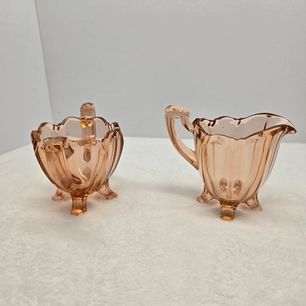 Vintage Style Pink Depression Glass Creamer Sugar Set